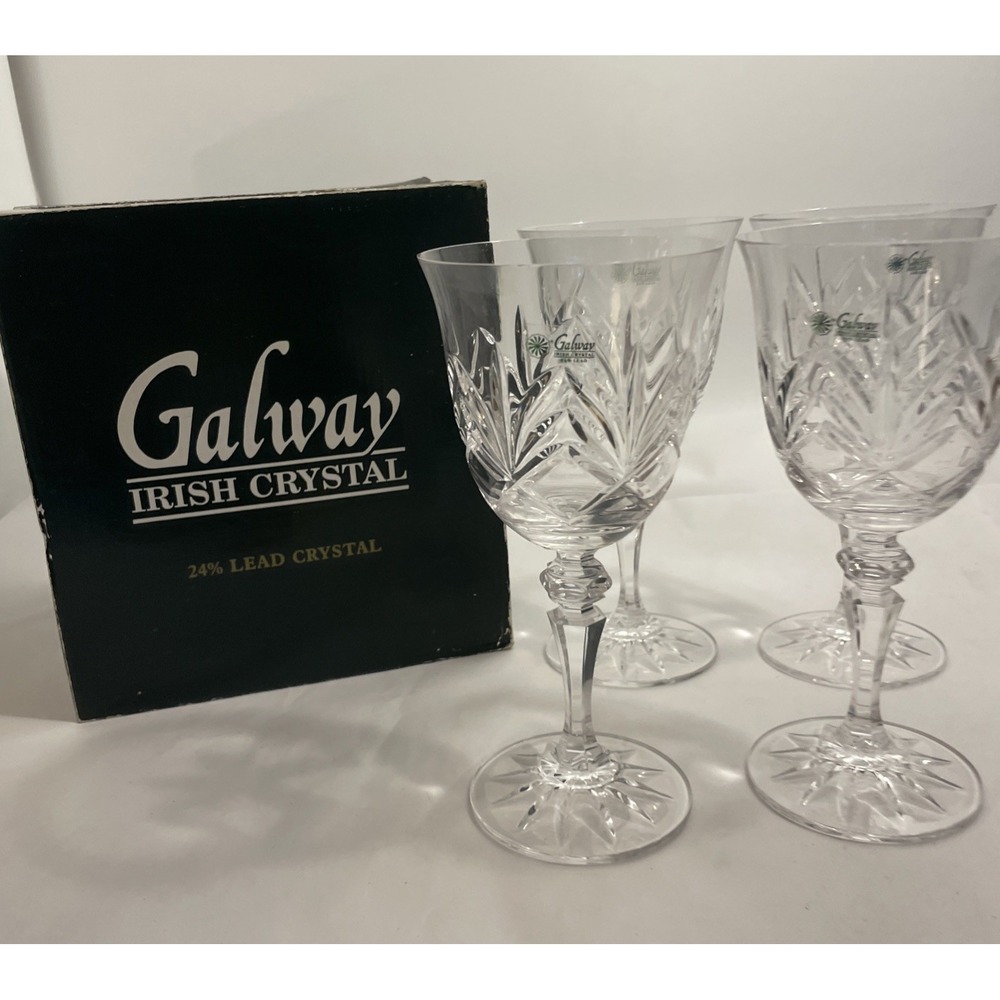 Vtg Set of  4 GALWAY IRISH Crystal  7 5/8" Wine Stems original Sticker and box